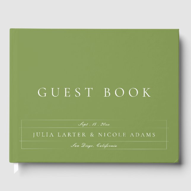 Classic Olive Green Ivory Calligraphy Wedding Guest Book (Front)