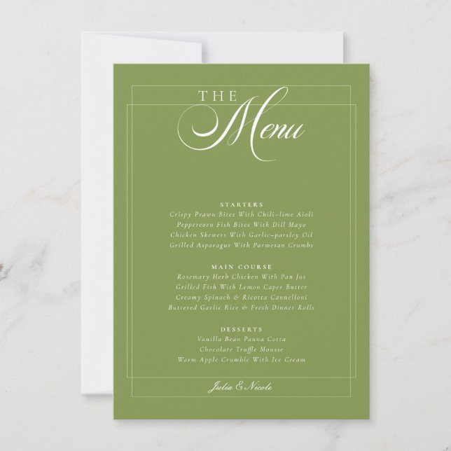 Classic Olive Green Ivory Calligraphy Wedding Menu Invitation (Front)