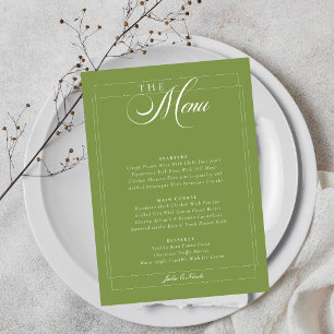 Classic Olive Green Ivory Calligraphy Wedding Menu Invitation
