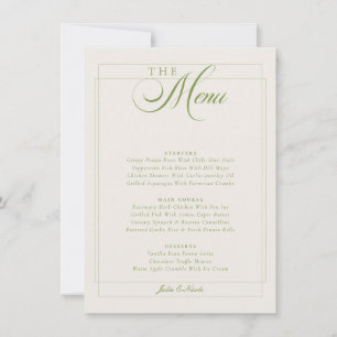 Classic Olive Green Ivory Calligraphy Wedding Menu Invitation