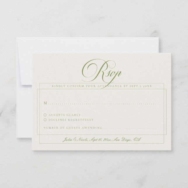 Classic Olive Green Ivory Calligraphy Wedding RSVP Card (Front)