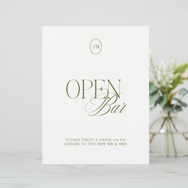 Classic Olive Green Open Bar Wedding Sign (Standing Front)