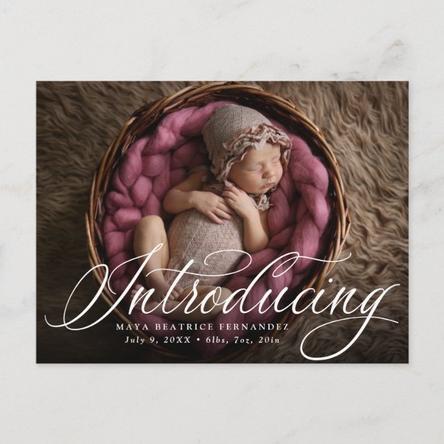 Classic one photo introducing script birth announcement postcard (Front)