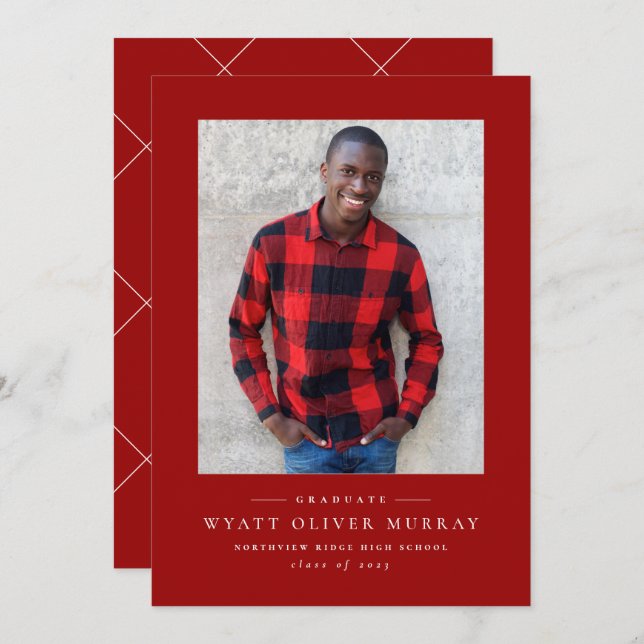 Classic one photo red graduation announcement (Front/Back)