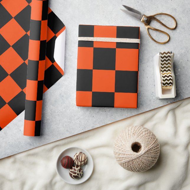 Classic Orange and Black Checkers Wrapping Paper (Crafts)