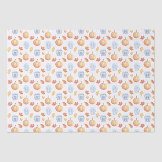 Classic Orange And Blue, Fall Leaves With Pumpkins Tissue Paper (Front)