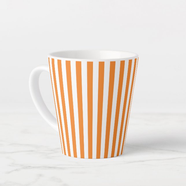 Classic Orange and White Vertical Stripes Pattern Latte Mug (Left Angle)