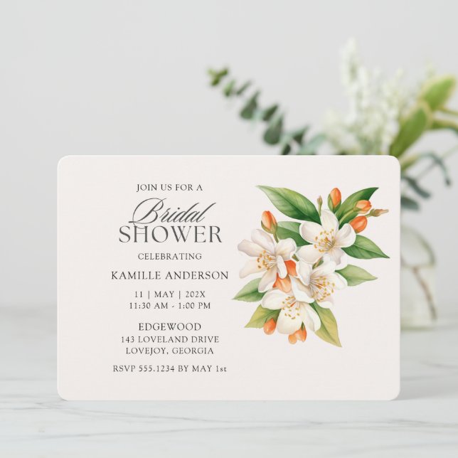 Classic Orange Blossom Bridal Shower Invitation (Standing Front)