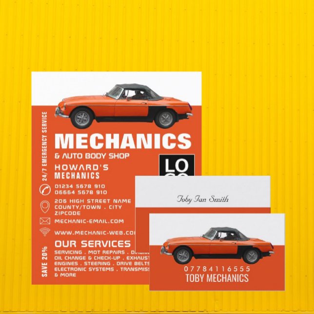 Classic Orange Car, Mechanics Business Card (Creator Uploaded)