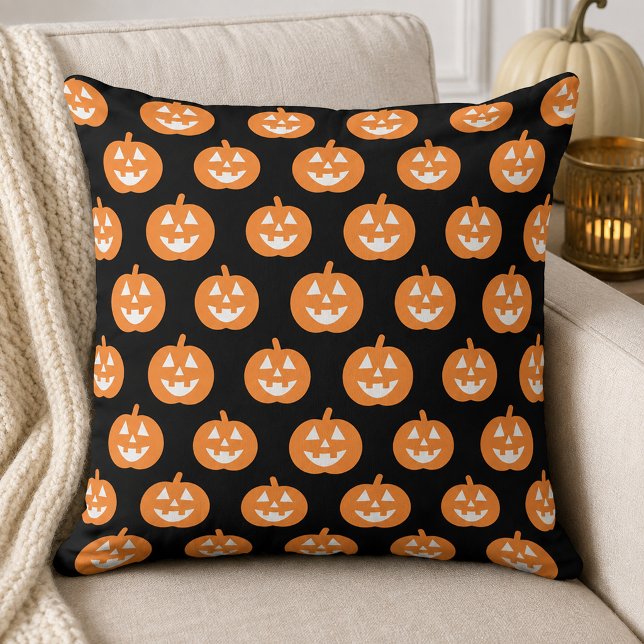 Classic Orange Jack o Lantern Pattern Black Cushion (Creator Uploaded)