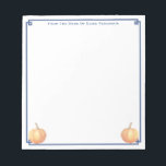 Classic Orange Pumpkin Navy Blue Custom Name Fall  Notepad<br><div class="desc">Classic fall notepad design that you can personalise with your own text including a name. The design features a Greek Key corner border with orange watercolor pumpkins in the bottom left and bottom right corners. These were originally handpainted by me before being scanned into digital form. Please note you can...</div>