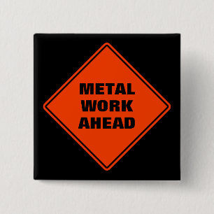 Classic orange road sign metal work ahead  15 cm square badge