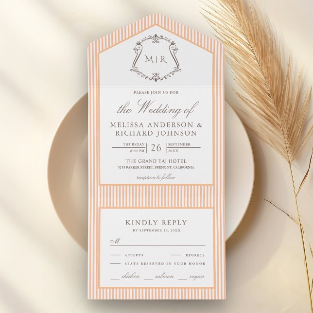 Classic Orange Striped Crest Monogram Wedding All In One Invitation (Creator Uploaded)