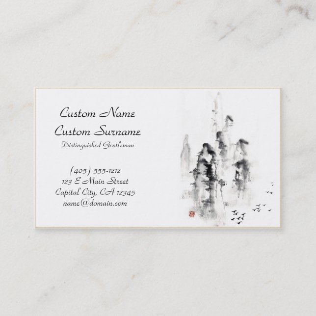 Classic oriental chinese sumi-e ink mountain scene business card (Front)