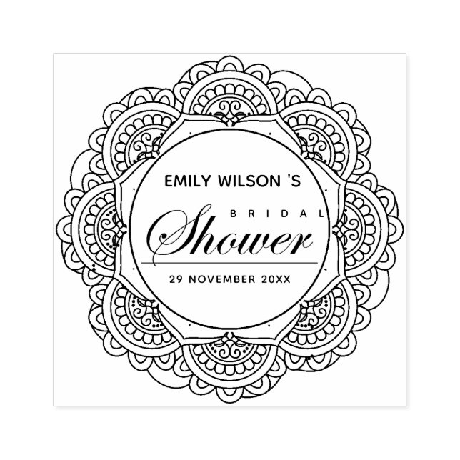 CLASSIC ORNATE MANDALA CUSTOM SCRIPT BRIDAL SHOWER RUBBER STAMP (Imprint)