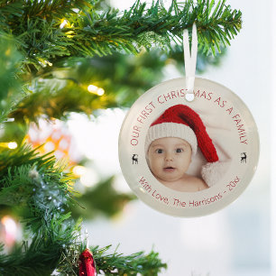 Classic Our First Christmas As A Family Photo Glass Tree Decoration