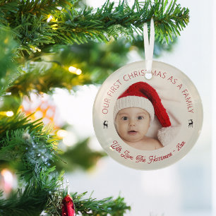 Classic Our First Christmas As A Family Photo Glass Tree Decoration