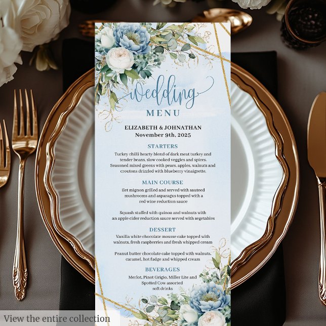 Classic Pastel Blue Peonies Gold Glitter Dinner  Menu (Classic Pastel Blue Peonies Gold Glitter Dinner Menu

)