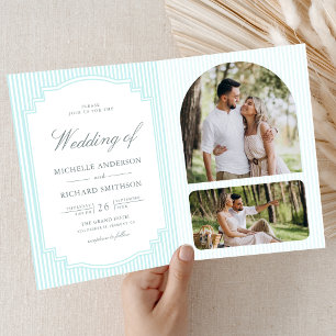 Classic Pastel Blue Striped Photo QR Code Wedding Invitation
