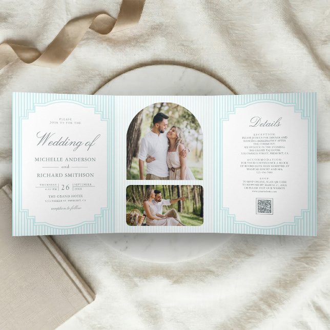 Classic Pastel Blue Striped Photo QR Code Wedding Tri-Fold Invitation (Creator Uploaded)