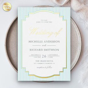 Classic Pastel Blue Striped Photo Wedding Gold