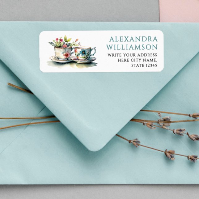 Classic Pastel Blue Tea Watercolor Name Address  (Creator Uploaded)
