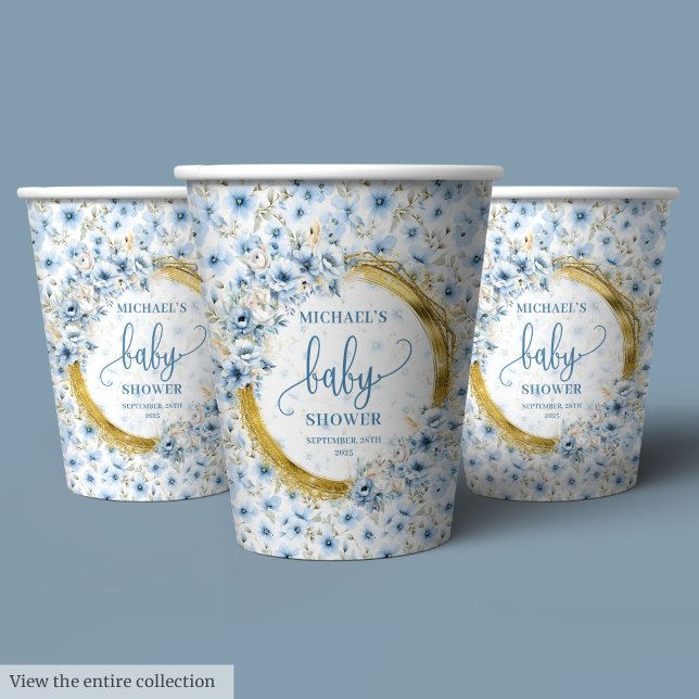 Classic pastel blue watercolor flowers gold party  paper cups (Classic pastel blue watercolor flowers gold party Paper Cups)