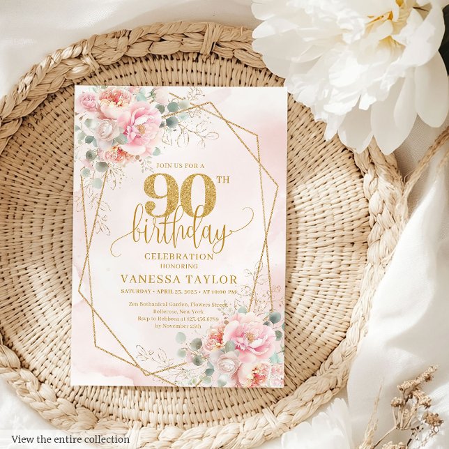 Classic Pastel Pink Gold Flowers 90th Birthday Invitation (Classic Pastel Pink Gold Flowers 90th Birthday Invitation)