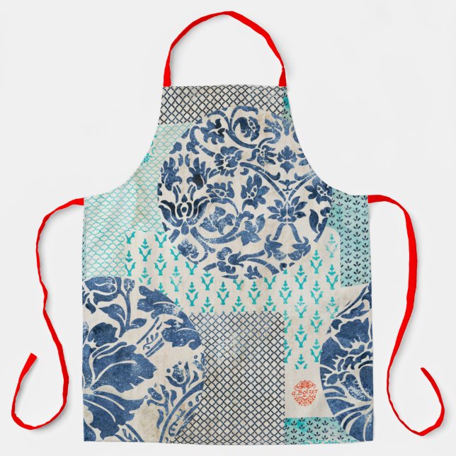 Classic patchwork pattern in Indigo and Turquoise Apron (Front)