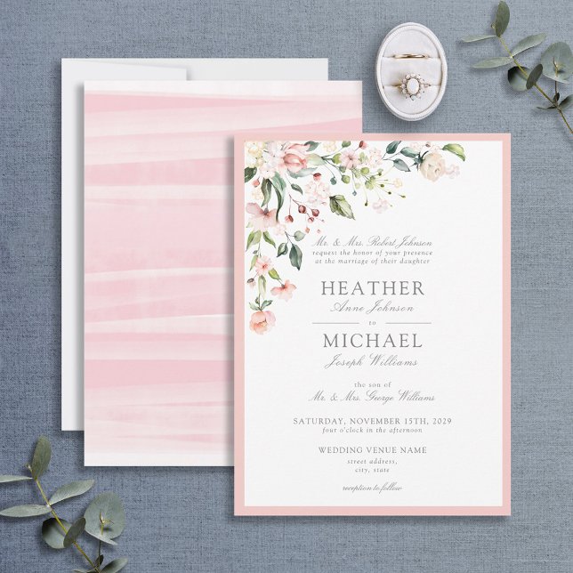 Classic Peach Pink Watercolor Floral Wedding Invitation (Creator Uploaded)
