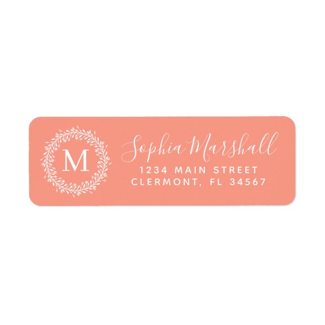 Classic Peach White Monogram Return Address Label (Front)