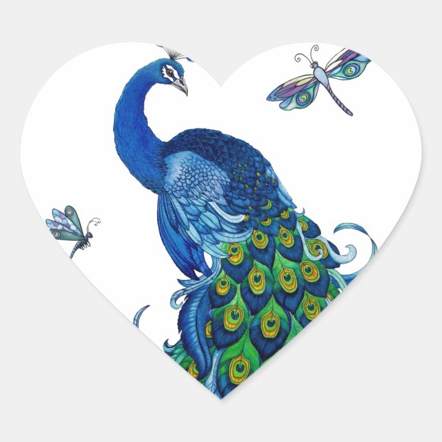 Classic Peacock and Dragonfly Design Heart Sticker (Front)