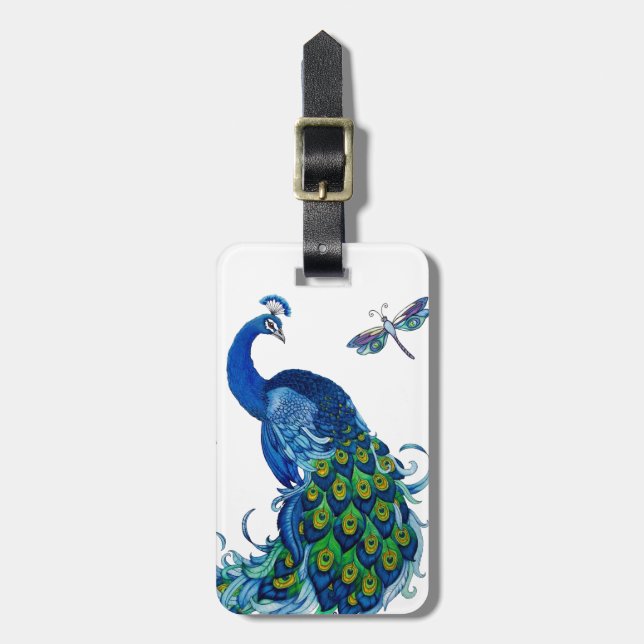 Classic Peacock and Dragonfly Design Luggage Tag (Front Vertical)