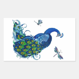 Classic Peacock and Dragonfly Design Rectangular Sticker