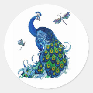 Classic Peacock and Dragonfly Design Round Sticker