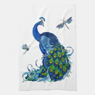 Classic Peacock and Dragonfly Design Tea Towel