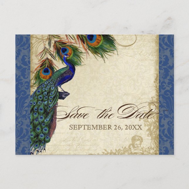 Classic Peacock Feathers Navy Blue Save the Date Announcement Postcard (Front)