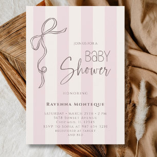 Classic Pearl Pink Striped Bow Vintage Baby Shower Invitation