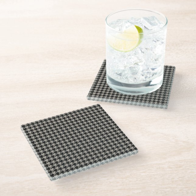 Classic Pepita Houndstooth Pattern Black Grey   Glass Coaster (Angled)