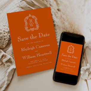 Classic Persimmon Orange Monogram Crest Save The Date