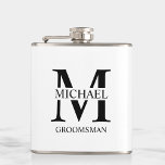 Classic Personalised Groomsman Name Hip Flask<br><div class="desc">Classic Personalised Groomsman Gifts
featuring personalised groomsman's monogram and name,  with title in black classic serif font style on white background.

Also perfect for Best Man,  Father of the Bride and more.</div>