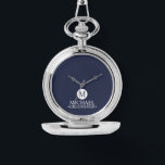 Classic Personalised Groomsmen Monogram and Name Watch<br><div class="desc">Add a personal touch to your wedding with a customised groomsmen gift! This stylish gift features a navy blue background with an initial inside a white circle. The name and title are written in a classic white serif font. A meaningful keepsake, this thoughtful gift is also perfect for your best...</div>