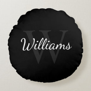 Classic Personalised Monogram and Name Black Round Cushion