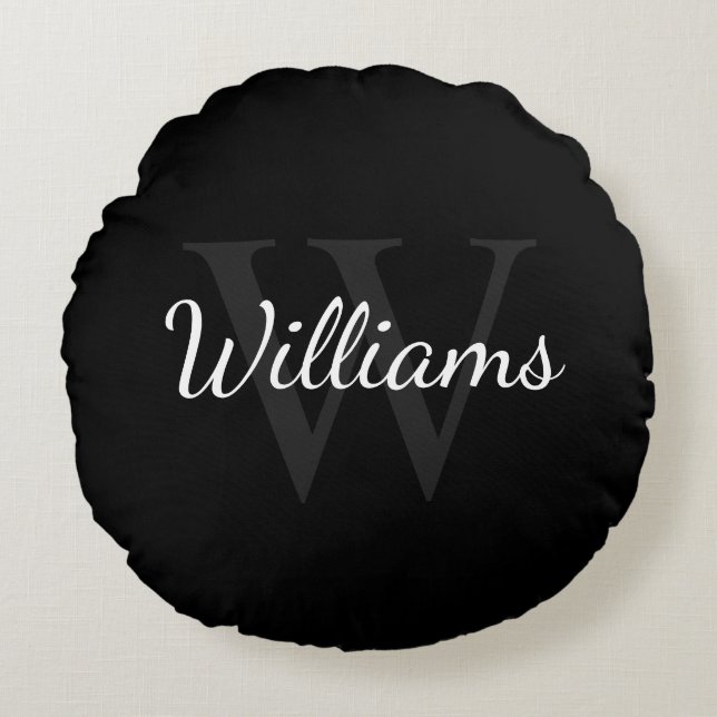 Classic Personalised Monogram and Name Black Round Cushion (Front)