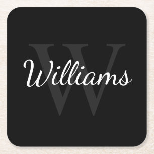 Classic Personalised Monogram and Name Black Square Paper Coaster