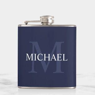 Classic Personalised Monogram and Name Navy Blue Hip Flask