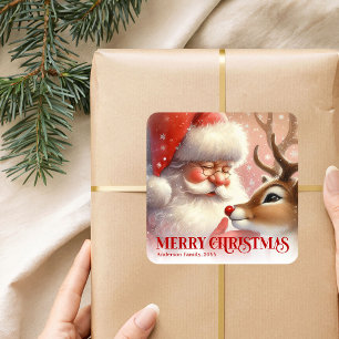 Classic Personalized Santa Rudolph Christmas Kids Square Sticker