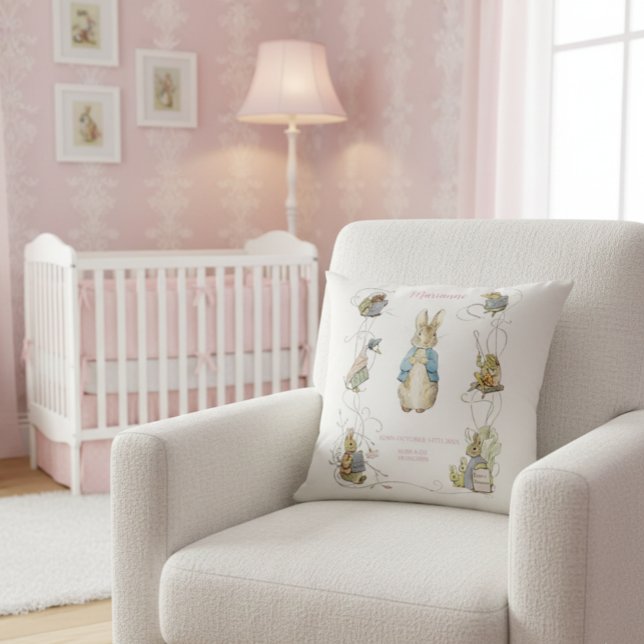 Classic Peter the Rabbit Pink Gingham Birth Stats Cushion (Creator Uploaded)