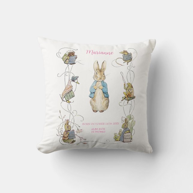 Classic Peter the Rabbit Pink Gingham Birth Stats Cushion (Front)