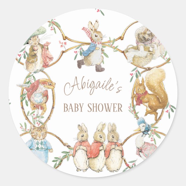 Classic Peter the Rabbit Winter Baby Shower Round Sticker (Front)